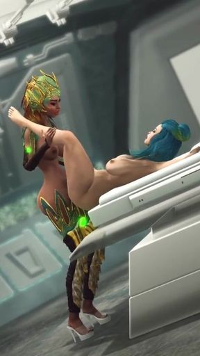 Futa alien plays with a young busty sexy hottie in the sci-fi lab
