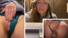 Teen fucks herself in public toilette at the Cinema