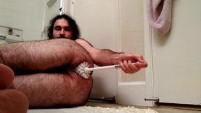 EXTREME toilet brush booty shag: insane cub nails own hungry penetrate-slot with rest room brush all the way in