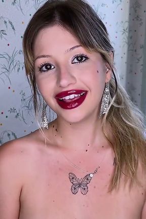 Cherry Red Lipstick Lips Tease Kisses to Camera