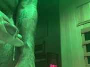 Long Stroke - 9” double fisted jerk, Huge Cumshot, Hairy Skinny Guy with massive cock