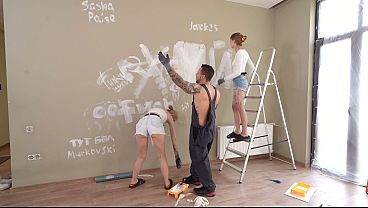 Two painters get their tight asses and pussies destroyed by the hung worker