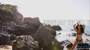 Petite Canadian MILF shows off her big ass in a solo striptease on the beach