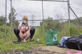 sheboy Sissy Dressed in A strap dildo And Railing Faux-cocks In Public