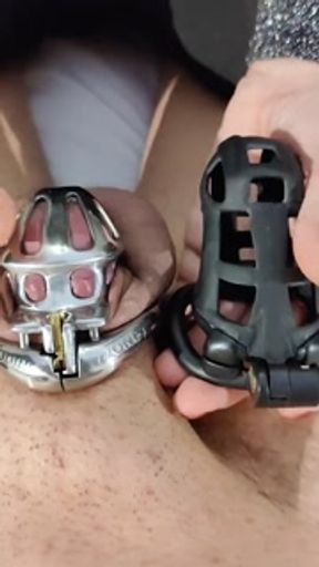 Squeezing my big dick chastity cuckold in a new tiny chastity cage