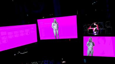 Transdroid big tits blonde lingerie cyberpunk solo jerks off on your screen