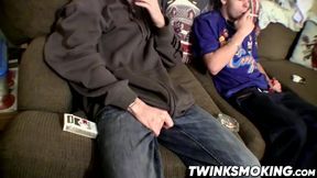 Sexy twinks Drac and Nolan jerking off while smoking cigars