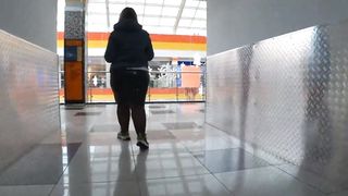 Voyeur spies on older BBW at a outdoor mall Fat legs inside
