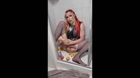 Sploshing Banana and Custard Pvc Dress Wank Cum and Anal Insertions