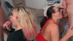 Two dudes host a wild fuck session with a curvy mature and a long-legged teen blonde!