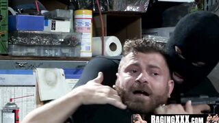 RagingXXX.com - A tattooed mechanic robbed and ass fucked by two thieves