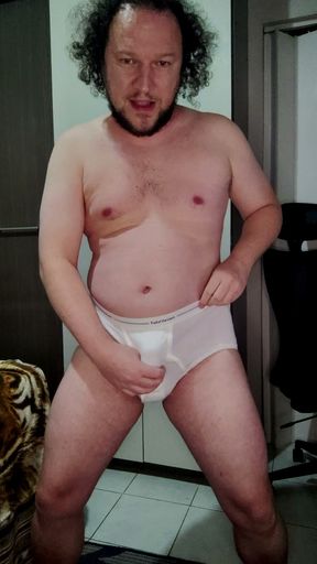 Vintage Fruit of the Loom white briefs show off, jerk off and cum