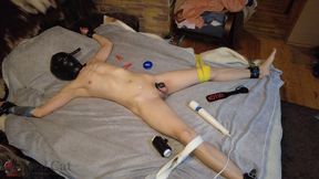 Chastity guy tied to the bed, allowed to cum and locked again