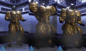 Helmet Head Feast While Big Muscles Bulge And Drip
