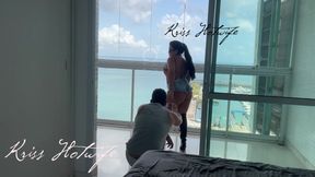 My husband's cuckold filming me showing off on the balcony to the males in the pool
