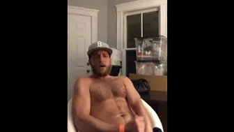 Hot blonde athletic guy jerks his hairy chest and shoots thick loads