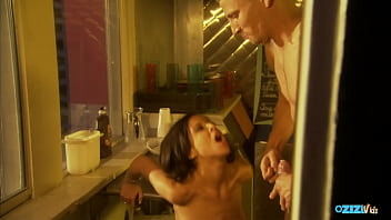 Waitress with dark hair gets eaten out and fucked at work