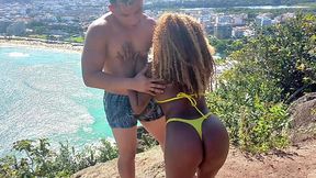 Sexy ebony slut with nice ass fucks with her white boyfriend on a rocky seashore