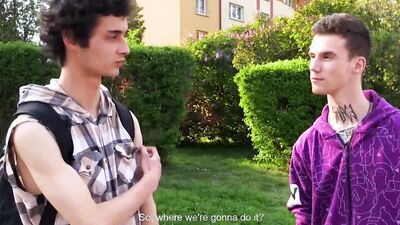 Twinks jerk off together before sucking a hung guy POV