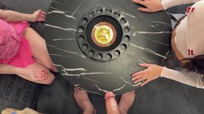 Two girls one guy Christmas Handjob Challenge House Party for fun and precum dripping oily cum