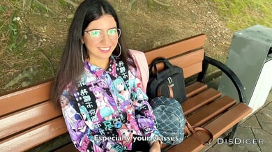 Stylish glasses-wearing woman seduced in the park ends with cumshot on her lenses