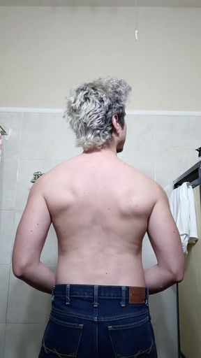 Handsome Flexing Muscles in the Bathroom, Big Cock
