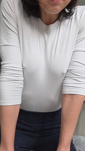 Braless Nipples Through White Shirt Leggings Strip to Rear Pussy Spread