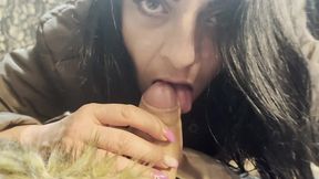 deepthroat, masturbation & cum on my fur hooded downjacket – satin fetish in bed