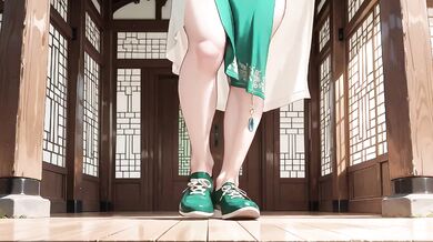 Blonde Mature Goddess in Green Robe and Apron Kneeling in Garden Sipping Tea Then Swordplay Choked