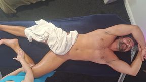 Female Hands Work Deep on His Post-gym Body Birds Eye View