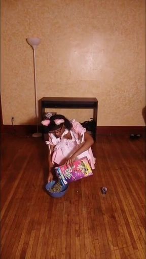 Sissy crunches cereal while ebony trans queen wrecks her feet