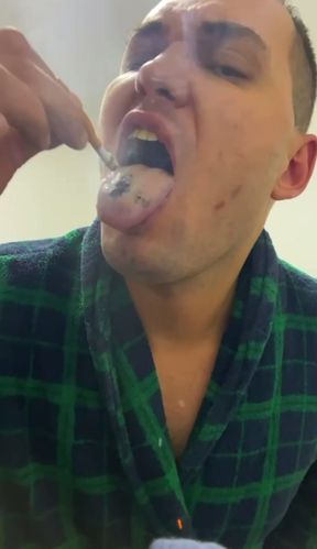 Cigarette extinguished on tongue. extreme smoking, masochistic fetish, pain smoking, tongue torture.