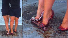 204 Split Cam - Trampling Your Face, Cock & Balls Under Our Muddy Red Stilettos - Trample Trampling CBT Ballbusting Shoe Foot Worship Gagging Crush