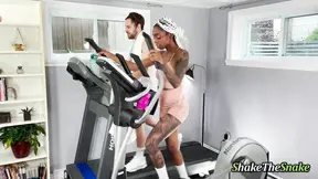 Tattooed ebony gets nailed in the ass by her trainer