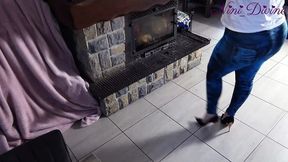 Hot Latina wife gets her huge backside fucked in tight jeans by the fireplace
