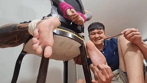 Chair tied my friend's ankles and feet to Tickle him using different tools non stop