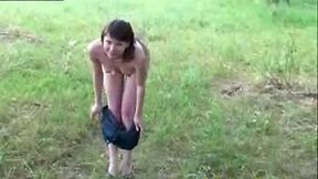 Ugly and silly brunette chick with small boobs gets naked and pees