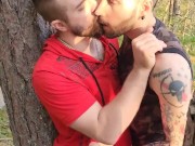 Hairy boys blowing a load together on a mountain top.