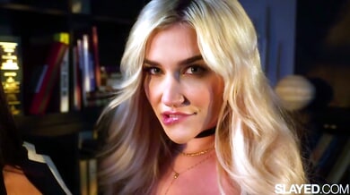Blonde Skye and her dark-haired lover entwine in passionate lesbian acts across velvet and library