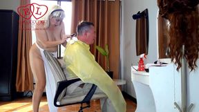 Prank! Barber woman undressing at her nudist barbershop. The client is surprised camera 2