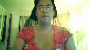 Fat mature crossdresser in red dress shows his shaved 1 inch dick