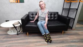 Pretty blonde Hannah Rey on pantyhose casting couch