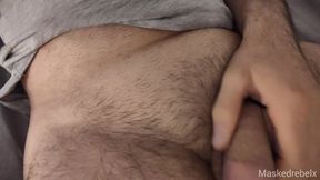 From soft to hard - Man jerks off in his bed and cums a lot