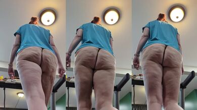 Thick curvy milf gyrates on treadmill riding that burly plump pawg ass bare