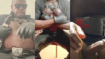 Black Mature Muscle Leather Titpump Nipple Play & BBC Cum