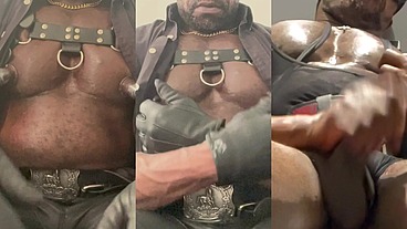 Black Mature Muscle Leather Titpump Nipple Play & BBC Cum