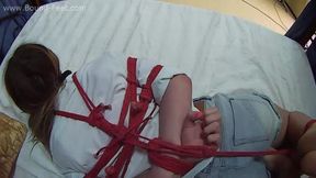 Ballgagged barefoot Bianca in white shirt and jeans shorts, hogtied with red hemp rope, is tickled by the man - POV video (HD MP4)