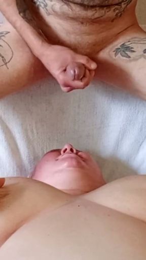 I jerk off my dick and cum in my mother-in-law's mouth and on her face   Clip 1