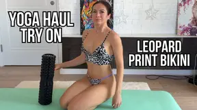 Hot fitness model in leopard bikini yoga gets cum without touching