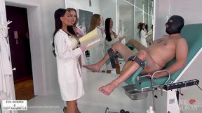 CBT and cock milking treatment by 2 evil latex nurses